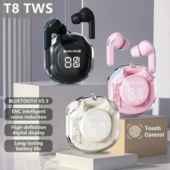 T8 Pro Wireless Bluetooth Transparent Headphones with Digital Display 🎧✨- (New Imported Quality)🔥